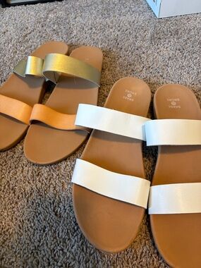 TWO PAIRS Shade & Shore Two-Pair Double Band Slides in White, Gold, and Peach